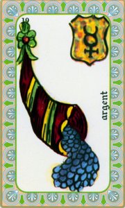 tarot av magus Belline tecknad av Edmond Billaudot c. 1845 och gavs till klärvoajanta Belline för återutgivning: pengarnas kort: mynt i ett horn av överflöd av Edmond Billaudot