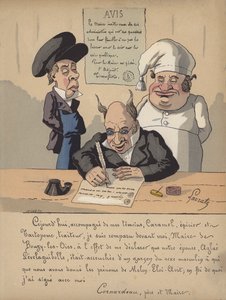 En borgmästare skriver ett meddelande (färg litho)