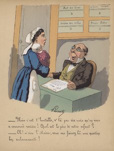 En mamma registrerar sitt barn i stadshuset (färg litho)