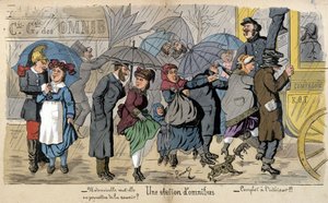 En omnibusstation i regnet - humoristisk teckning av Lavrate, cirka 1880