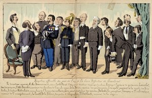 Tecknad film om det franska samhället av Lavrate: de olika figurerna från statsförvaltningen, administrativa tjänster... vid en officiell mottagning. 1880