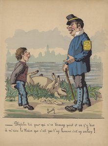 Viltvakt och pojke med en död gris (färg litho)