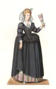 Fransk kvinna under kung Henrik III (1551-1589) - Litografi baserad på en illustration av Edmond Lechevallier-Chevignard (1825-1902), från "Costumes historiques des 16th av Edmond Lechevallier Chevignard