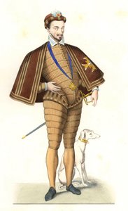 Kung Henrik III av Frankrike (1551-1589), bär halsbandet av den Helige Andes Orden - Litografi efter en illustration av Edmond Lechevallier-Chevignard (1825-1902), från "Costumes historiques des 16th