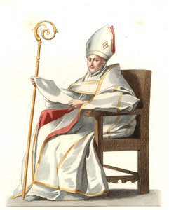 Spansk Eveque 1500-talet, baserad på en målning av Bartolome Murillo (1617-1682) - Litografi baserad på en illustration av Edmond Lechevallier-Chevignard (1825-1902), från "Costumes historiques des 16th av Edmond Lechevallier Chevignard