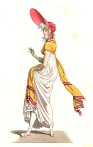 Ung fransk kvinna klädd i stil med 1700-talets underbara, efter en målning av Carle Vernet (1758-1836) - Litografi efter en illustration av Edmond Lechevallier-Chevignard (1825-1902), från "Costumes historiques des 16th" av Edmond Lechevallier Chevignard