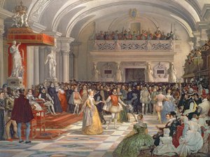 Bröllopet mellan Henri de Bourbon, kung av Navarra, och Marguerite de Valois i närvaro av Catherine de Medici och Karl IX år 1572, 1862