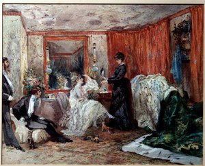 Teaterkomikern Hortense Schneider (1833-1920), älskarinna till Jacques Offenbach (1819-1890), representerar till vänster i sitt omklädningsrum på Theatre des varietes. Akvarell av Edmond Morin (1824-1882) 1873 Compiegne, Castle Museum av Edmond Morin