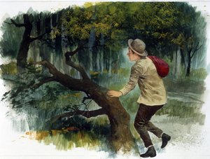 Barnlitteratur: från Apenninerna till Anderna. En ung pojke ensam i skogen (teckning)