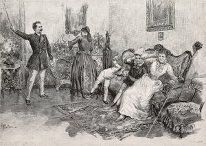 Två kvinnor och två barn skrämda av skrämmande man, gravyr från illustration av Edoardo Matania till boken Military Life in Italy av Edmondo De Amicis (1846-1908), från L