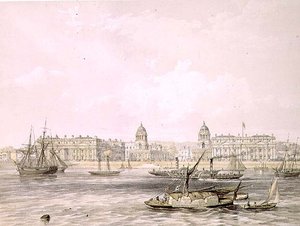 Greenwich Hospital, graverad av Thomas Picken (fl.1838-d.1870), pub. 1852 av Lloyd Bros. & Co. (litografi) av Edmund (after) Walker