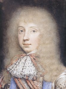 Porträtt av Edward Stuart, bystlängd, med flytande hår och spetsstock, av Edmund Ashfield