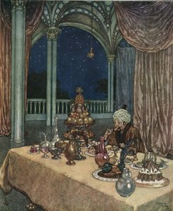 Skönheten och odjuret: Belles far anländer till slottet och upptäcker ett bord fyllt med matvaror, ca 1910 (litografi) av Edmund Dulac