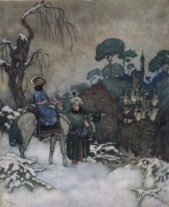 Skönheten och odjuret: Belle, som har gått med på att ta sin fars plats som fånge hos Bete för att befria honom, går mot slottet, ca 1910 (litografi) av Edmund Dulac