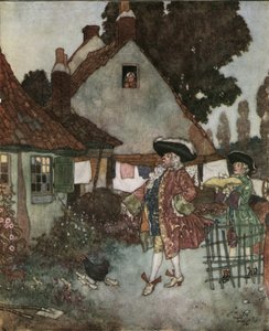Askungen (Cinderella): ministern, söker i alla stugor och hus i riket flickan som förlorade sin toffel av vair c.1910 (litografi) av Edmund Dulac
