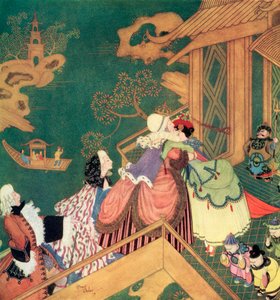 "Laideronnette kysste och omfamnade den goda beskyddarinnan", illustrationfrån den franska sagan Den gröna ormen, ur Edmund Dulacs Fairy-Book: Fairy Tales of the Allied Nations, utgiven 1916
