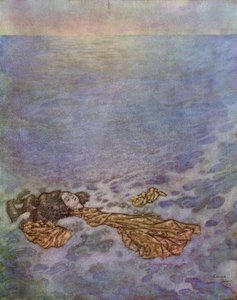 Än en gång såg hon på prinsen, med ögon som redan var fördunklade av döden, sedan kastade hon sig överbord och föll, hennes kropp upplöstes i skum, iIllustration från "Sjöjungfrun av Edmund Dulac