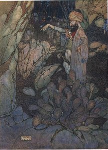 Open Sesame, illustration från "Ali Baba och de fyrtio tjuvarna" (färglitografi) av Edmund Dulac