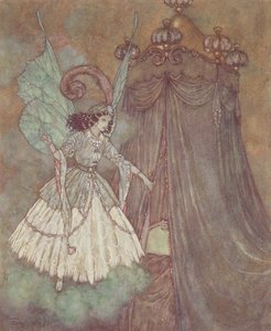 "Hon fann sig själv ansikte mot ansikte med en ståtlig och vacker dam", illustration från "Skönheten och odjuret av Edmund Dulac