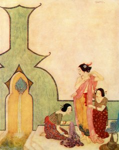 Damen av Bedr-el-budur kommer till badet, illustration från "Aladdin och den underbara lampan av Edmund Dulac