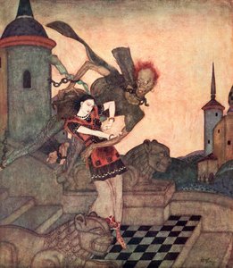 "Prinsen tittade ut och såg hur han ryckte åt sig prinsessan och snabbt flög iväg", illustration ur den serbiska sagan The Story of Bashtchelik, ur Edmund Dulacs Fairy-Book: Fairy Tales of the Allied Nations, utgiven 1916 av Edmund Dulac