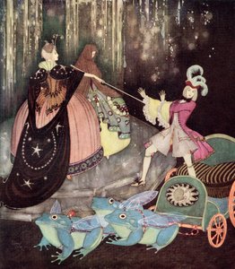 "Prinsen tog en vagn som drogs av tre stora grodor med stora vingar. Truitonne kom ut på ett mystiskt sätt genom en liten dörr", illustration från den franska sagan Den blå fågeln, ur Edmund Dulacs Fairy-Book: Fairy Tales of the Allied Nations, pub.191