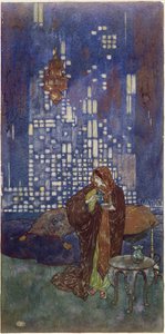"Den kopp vin som hon ger honom varje kväll innehåller ett sovande drag", illustration till "King of the Ebony Isles av Edmund Dulac