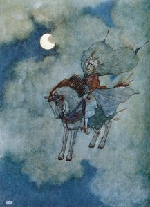 Den flygande hästen", illustration till berättelsen om den förtrollade hästen ur "Sagor från 1001 natt", publicerad i Potsdam 1920 (färglitografi)