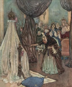 Den sovande skönheten: en gammal avgift lutar sig över prinsessans spjälsäng och förbannar henne, ca 1910 (litografi)