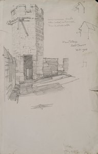 Skiss av klocktornet vid New College, med en detalj av det blyinfattade taket, 1908 blyertspenna på papper