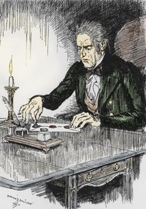 Dr jekyll avslutar brevet där han erkänner att han är mördaren Mr Hyde, Illustration av Edmund Joseph Sullivan (1869-1933) till romanen L
