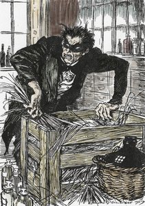 Dr jekyll söker desperat efter pulvren som gör det möjligt för honom att förnedra sin karaktär av Mr Hyde, Illustration av Edmund Joseph Sullivan (1869-1933) för romanen L