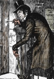 Mr Hyde återvänder hem efter en natt av äventyr för att ta motgiften och återuppta framträdandet av Dr Jekyll, Illustration av Edmund Joseph Sullivan (1869-1933) för romanen L