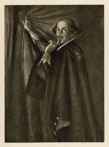 William Shakespeare håller i gardinen och säger åt oss att vara tysta (litho) av Edmund Joseph Sullivan