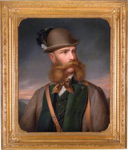 Porträtt av Francois Joseph I av Österrike (1830-1916), i jaktutrustning. Målning av Edmund Mahlknecht (1820-1903), olja på duk