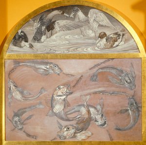 Diptyk med fiskar och ankor i dammen (tempera på kortet,) av Edoardo Gioja