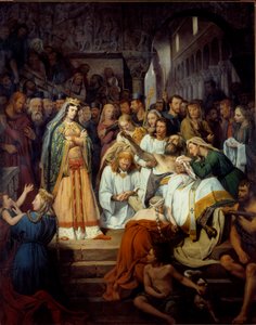 Der Tod von Saint Pretextat, Bischof von Rouen. Fredegonde (545-597), Ehefrau von Chilperic I, beobachtet Pretextat de Rouen, den sie in der Kathedrale von Rouen ermorden ließ. von Edouard  Cibot