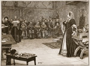 Rättegång mot Mary Queen of Scots i Fotheringhay Castle, illustration från "Cassell