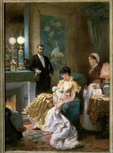 Före balen En mamma i frack matar sitt barn i bröstet innan hon går ut med sin man och lämnar barnet till hembiträdet. Målning av Edouard Debat Ponsan (1847-1913). 1886. Konstmuseets rundturer