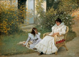 Mor och dotter i en bretonsk trädgårdsmålning av Edouard Debat Ponsan (1847-1913) Rundturer 1898, Museum of Fine Arts
