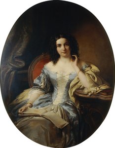 Porträtt av en sittande dam i en blåvit klänning; Porträtt av en sittande dam i en blåvit klänning, 1853 av Edouard Ender
