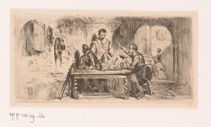 Tre soldater vid ett bord på en innergård, en av dem läser ur en bok av Edouard Hamman