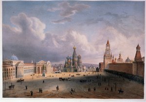 Utsikt över Röda torget i Moskva (Ryssland). Verk av Edouard Jean Marie Hostein (1804-1889), litografi färgad i akvarell, cirka 1830, fransk konst från 1800-talet. A. Pushkin Memorial Museum, Sankt Petersburg. av Edouard Jean Marie Hostein