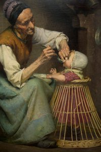 En gammal kvinna matar sitt barnbarn i en flätad gåstol av Edouard Jerome Paupion av Edouard Jerome Paupion