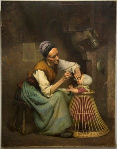 En gammal kvinna matar sitt barnbarn i en flätad gåstol av Edouard Jerome Paupion av Edouard Jerome Paupion