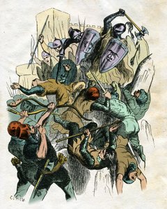 Illustration für "Ivanhoe" von Walter Scott: Kampfszene, Belagerung einer Burg von Edouard & Lix Theodore (1830-1897) Frere