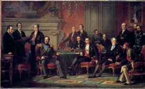 Pariskongressen från 25 februari till 30 mars 1856 träffades i slutet av Krimkriget av Napoleon III med de europeiska staternas utrikesministrar. Målning av Edouard Louis Dubufe (1820-1883). 1856 Sön. 3,08 x 5,10 m av Edouard Louis Dubufe