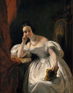 Ung flicka med ett porträtt, ca. 1840.