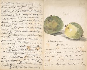 Ett brev till Eugène Maus, dekorerat med två äpplen, 2 augusti 1880. av Édouard Manet