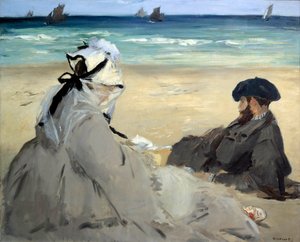 På stranden Representation av Suzanne Manet, fru till konstnären och hans bror Eugene på stranden Berck sur mer (Berck-sur-Mer). Målning av Edouard Manet (1832-1883) Ete 1873 Sön. 0,59x0,73 m Paris musee d